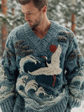 Vintage Japanese Crane & Ocean Art Men's Chunky Knit V-neck Sweater elevenforest