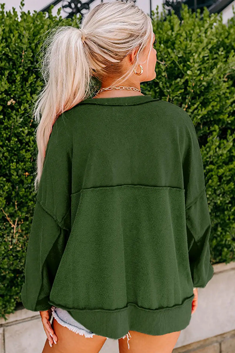 Green Drop Shoulder Henley Sweatshirt