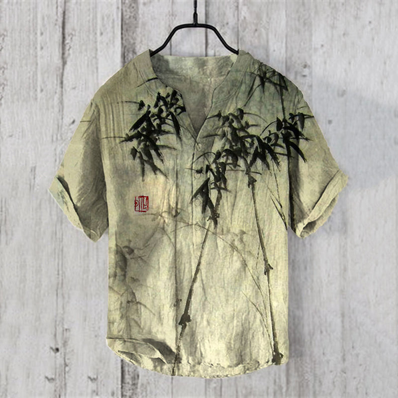 Men's Vintage Japanese Art Bamboo V Neck Casual Linen Blend Shirt elevenforest