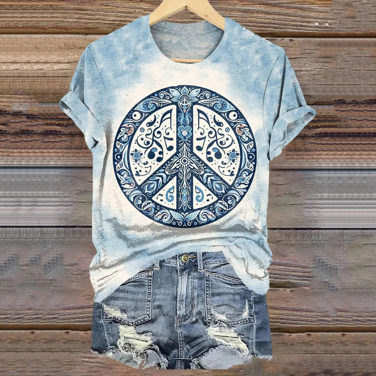 Comstylish Vintage Peace Love Tie Dye Hippie Art Short Sleeve Casual T-shirt