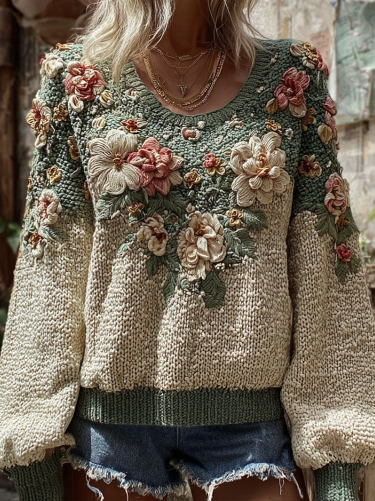 Bohemian Style Plant And Flower Embroidery Pattern Women's Round Neck Knitted Sweater elevenforest