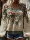 Bohemian Style Plant And Flower Embroidery Pattern Women's Round Neck Knitted Sweater elevenforest