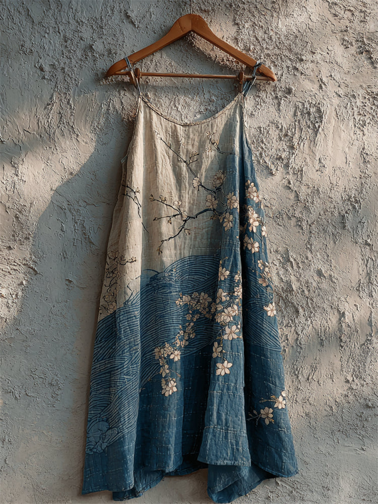 Comstylish Almond Blossom Sea Waves Japanese Gradient Linen Cami Dress