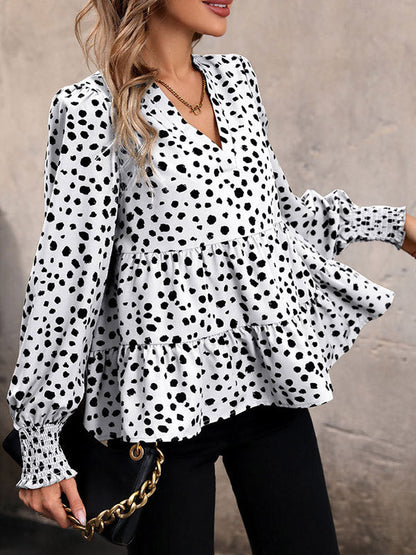 Long Sleeves Loose Elasticity Polka-dot Split-joint V-neck Blouses&shirts Tops