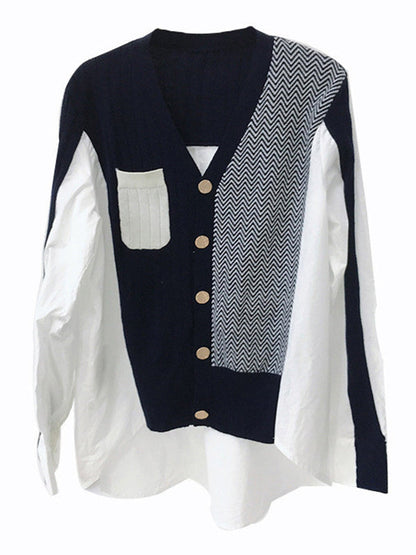 Urban Long Sleeves Contrast Color Split-joint V-neck Cardigan Tops