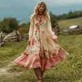 Women's Vintage Pink Rose And Polka Dot Casual Linen V-neck Dress elevenforest