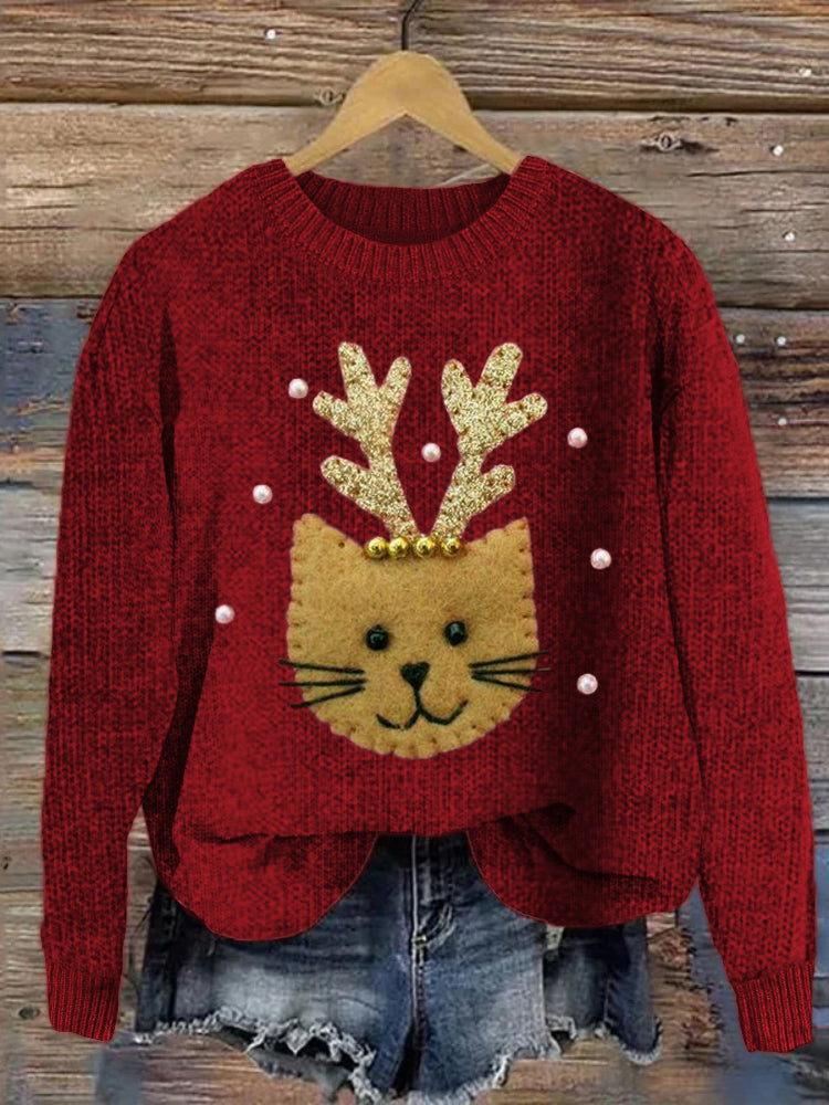 Christmas Reindeer Cat Patch Cozy Knit Sweater elevenforest