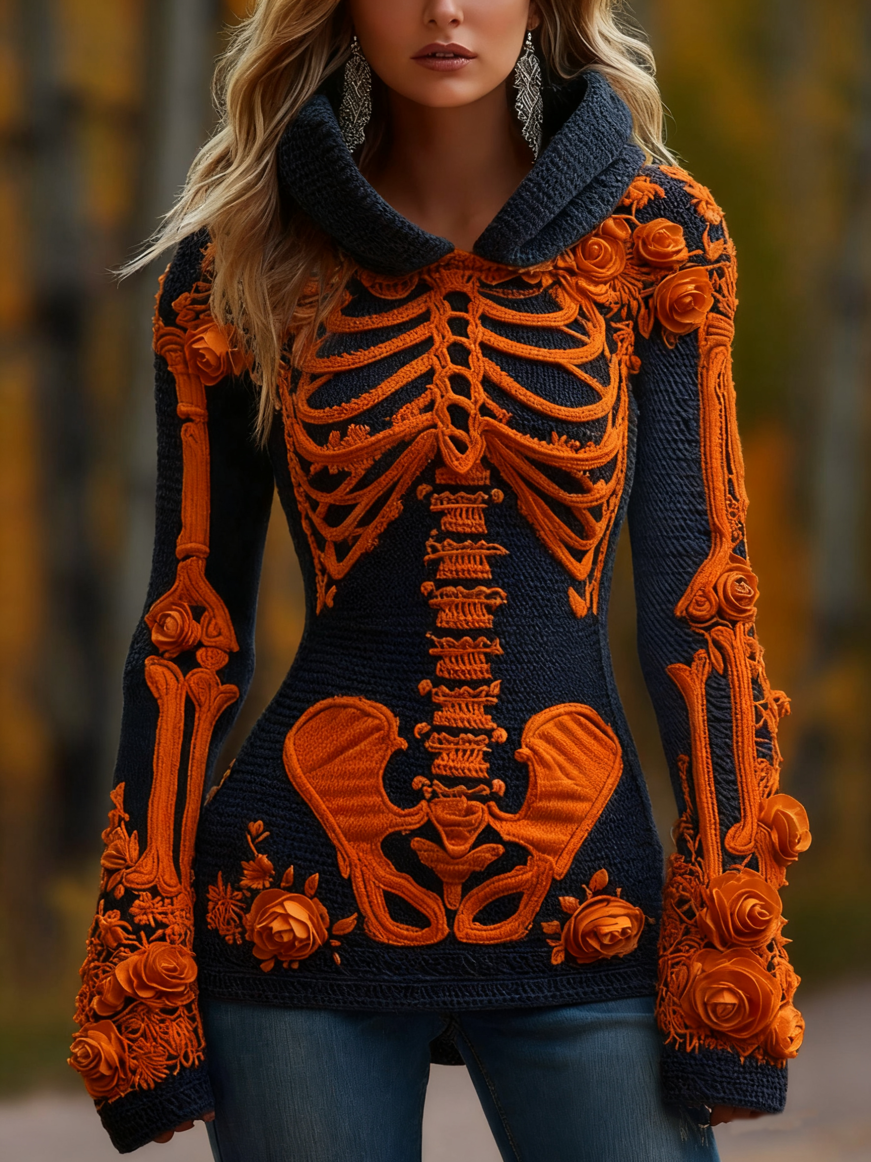 Women's Halloween Skeleton Bones With Roses Art Knitted Warm Hooded Sweater artswardrobe