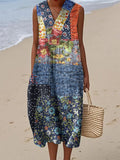 Vintage Floral Patchwork Art Linen And Cotton V Neck Tank Dress elevenforest
