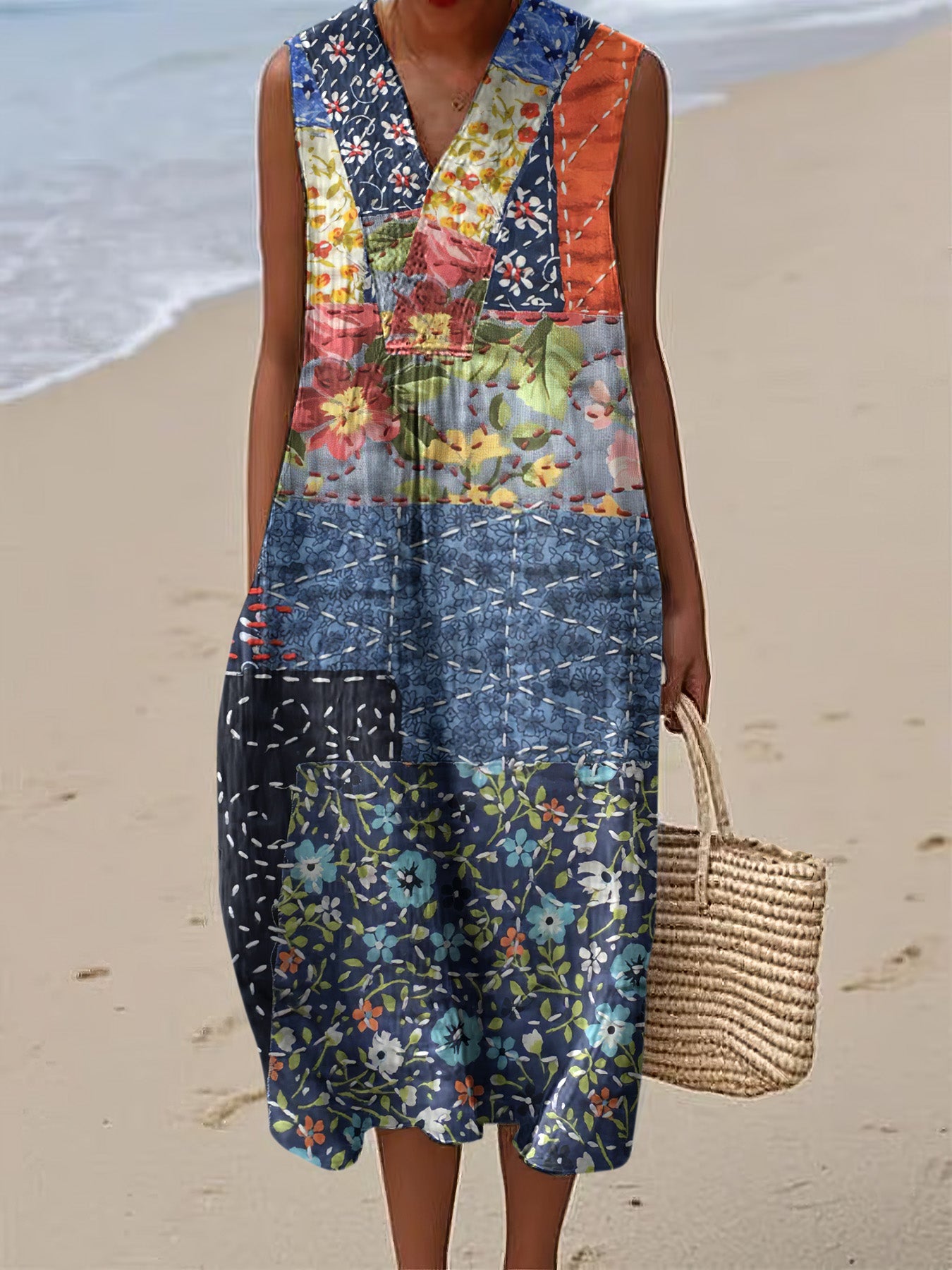 Vintage Floral Patchwork Art Linen And Cotton V Neck Tank Dress elevenforest