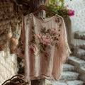 Vintage Pink Floral Art Pattern Linen T-shirt elevenforest