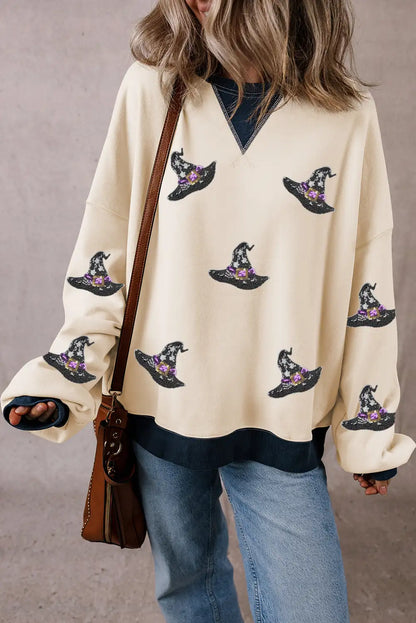 Colorblock White Witch Hat Patched Oversized Sweatshirt