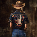 Independence Day Flower Embroidery Lapel Short-sleeved Shirt elevenforest