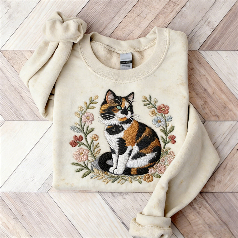 Comstylish Lovely Calico Cat Floral Art Cozy Sweatshirt