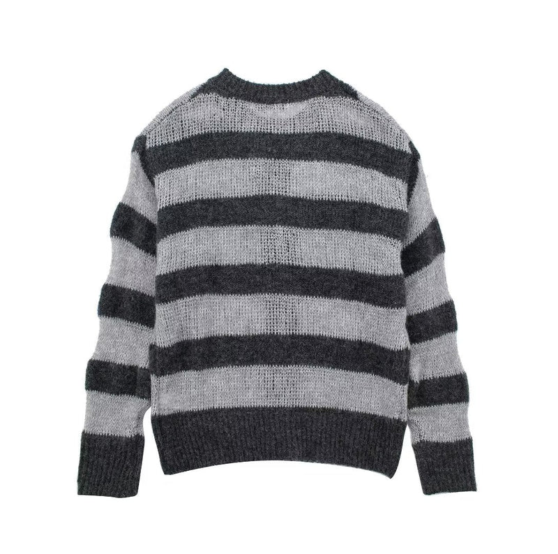 ’s Autumn Round Neck Gray Long Sleeves Sweater Striped Knitted Cardigan Coat