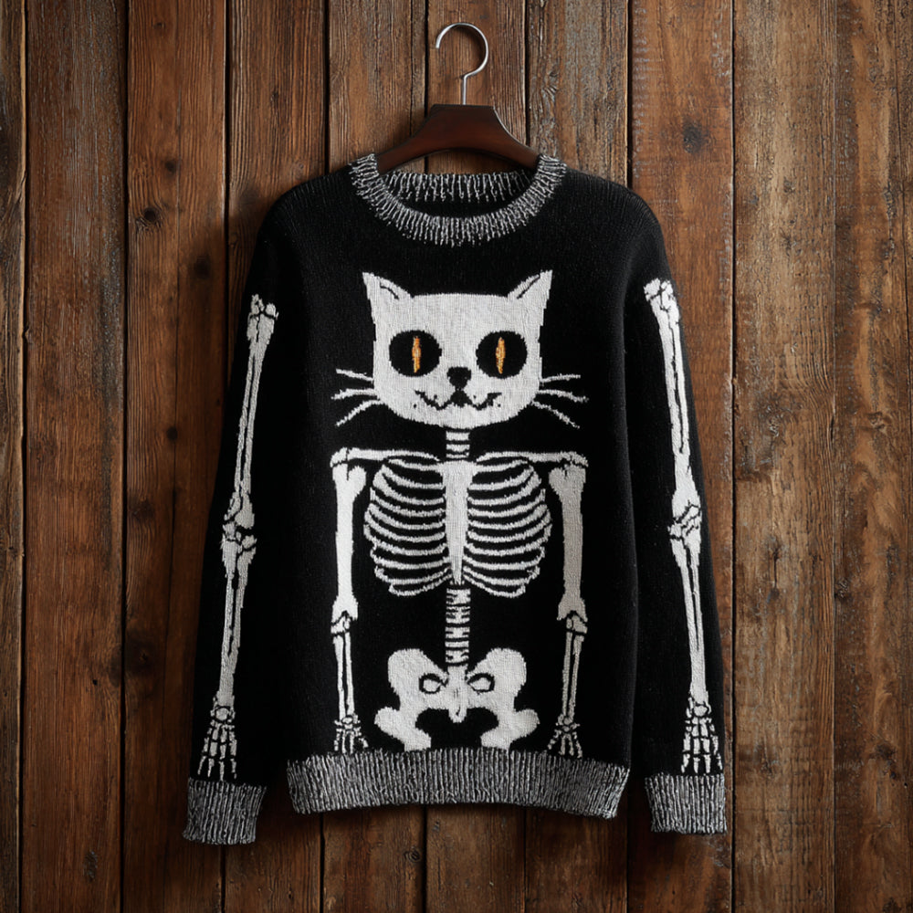 Comstylish Halloween Cat Skull Art Black Round Neck Sweater