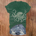 Vintage Funny Octopus Print Short Sleeved V-neck T-shirt elevenforest