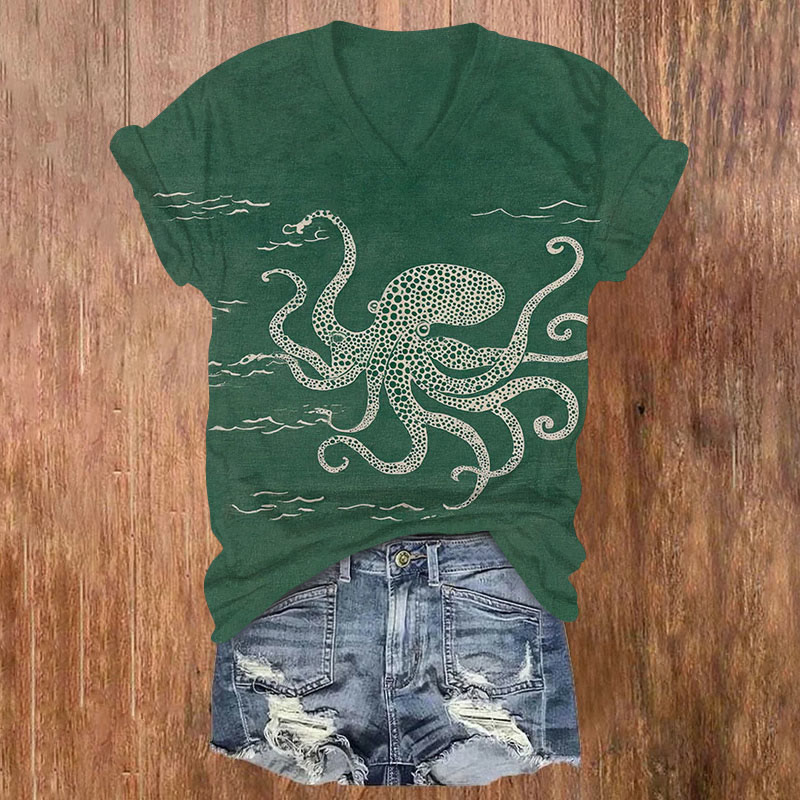 Vintage Funny Octopus Print Short Sleeved V-neck T-shirt elevenforest