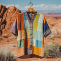 Men's Contrast Colors And Strip Patchwork Sun Linen T-shirt elevenforest