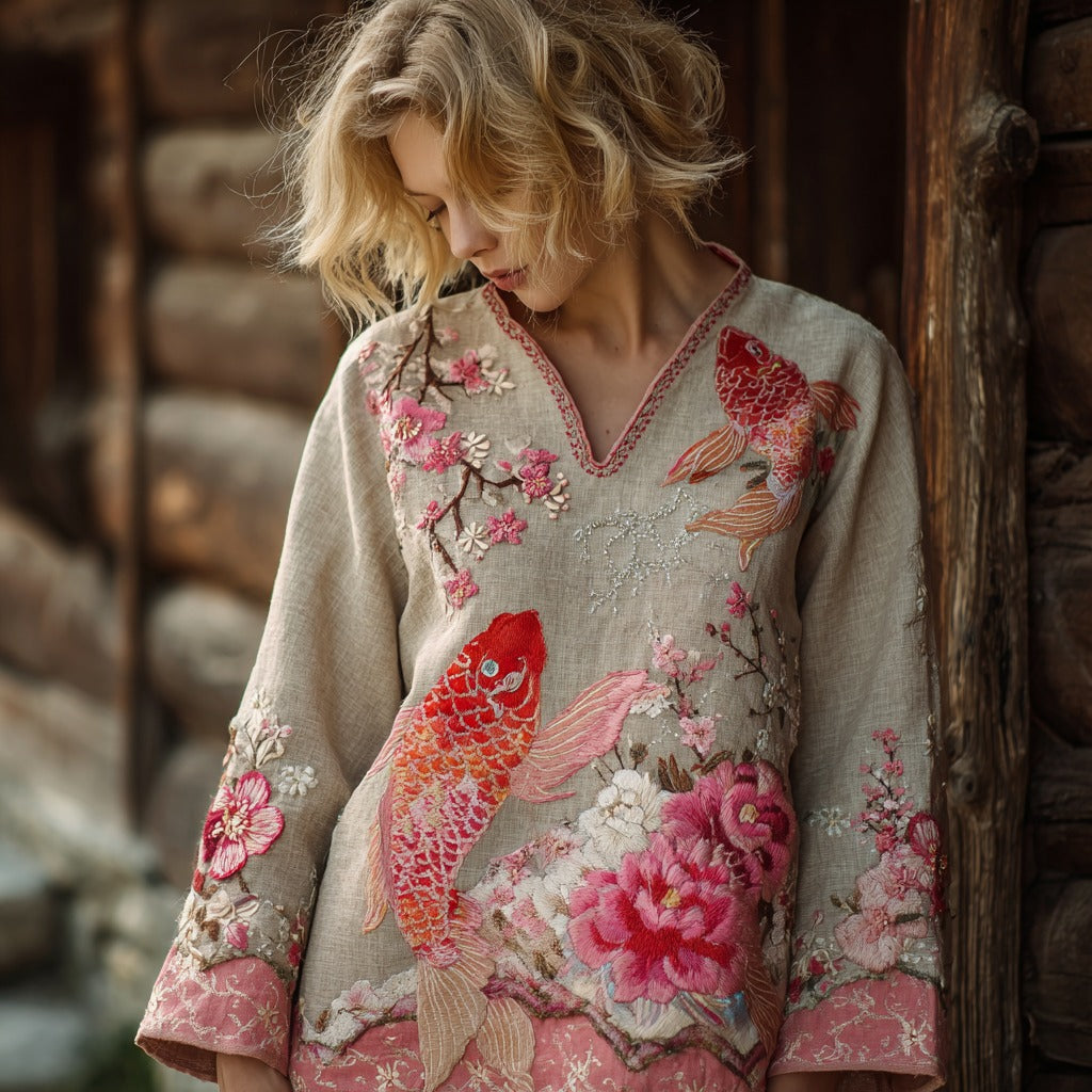 Vintage Pink Koi Floral Embroidery Patchwork Linen Blend Shirt elevenforest