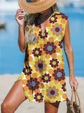 Yellow Flower Women's Print Casual Cotton And Linen 3/4 Sleeve Shirt