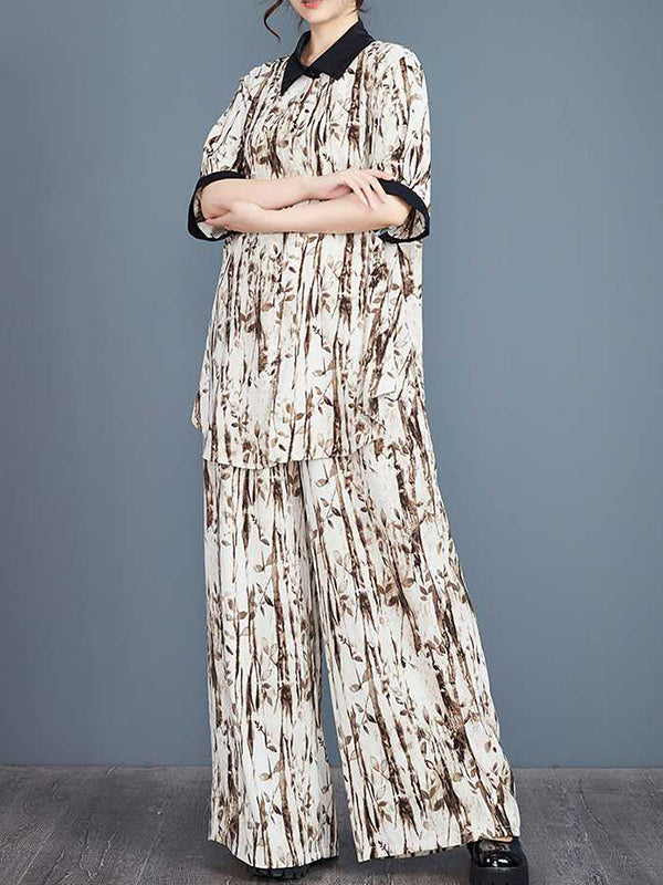 Half Sleeves High-low Buttoned Pleated Printed Split-side Lapel Blouses Top + Elasticity Pants Bottom Two Pieces Set