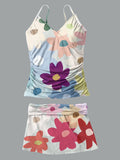 V-Neck Vintage Flowers Print Suspender Skirt Tankini Pantskirt Set Swimsuit