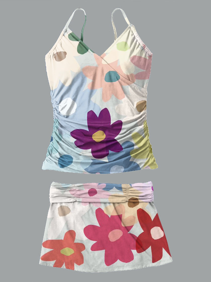 V-Neck Vintage Flowers Print Suspender Skirt Tankini Pantskirt Set Swimsuit