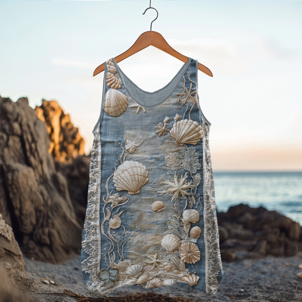 Vintage Starfish Shell Ocean Inspired Cozy Linen Tank Top elevenforest