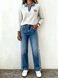 Women'S Casual Lapel Stitching Striped Sweatshirt And Pants Two-Piece Set 