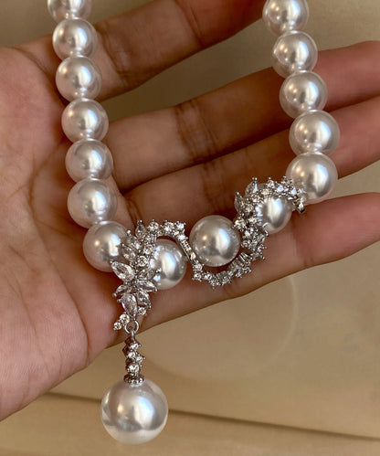 White Pearl Dragon Pattern Pendant Zircon Silver Choker