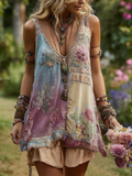 Classy Vintage Floral Splicing Cotton And Linen Tank Top elevenforest