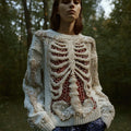 Comstylish Women's Halloween Skeleton Grid Round Neck Sweater