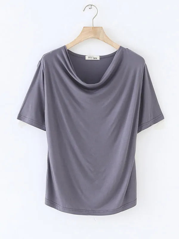 Short Sleeves Pleated Color Heaps Collar T-shirts Tops