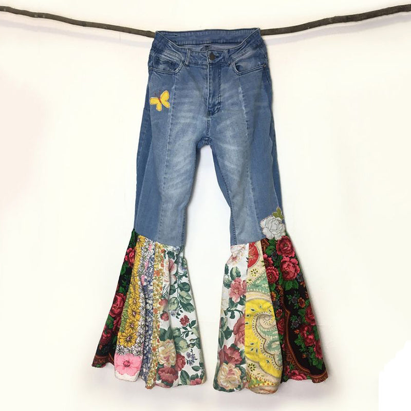Retro Bohemian Hippie Patchwork Flared Jeans elevenforest