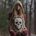 Women Halloween Pink Vintage Pink Fairy Rose Skull Complex Crochet Hooded Sweater elevenforest