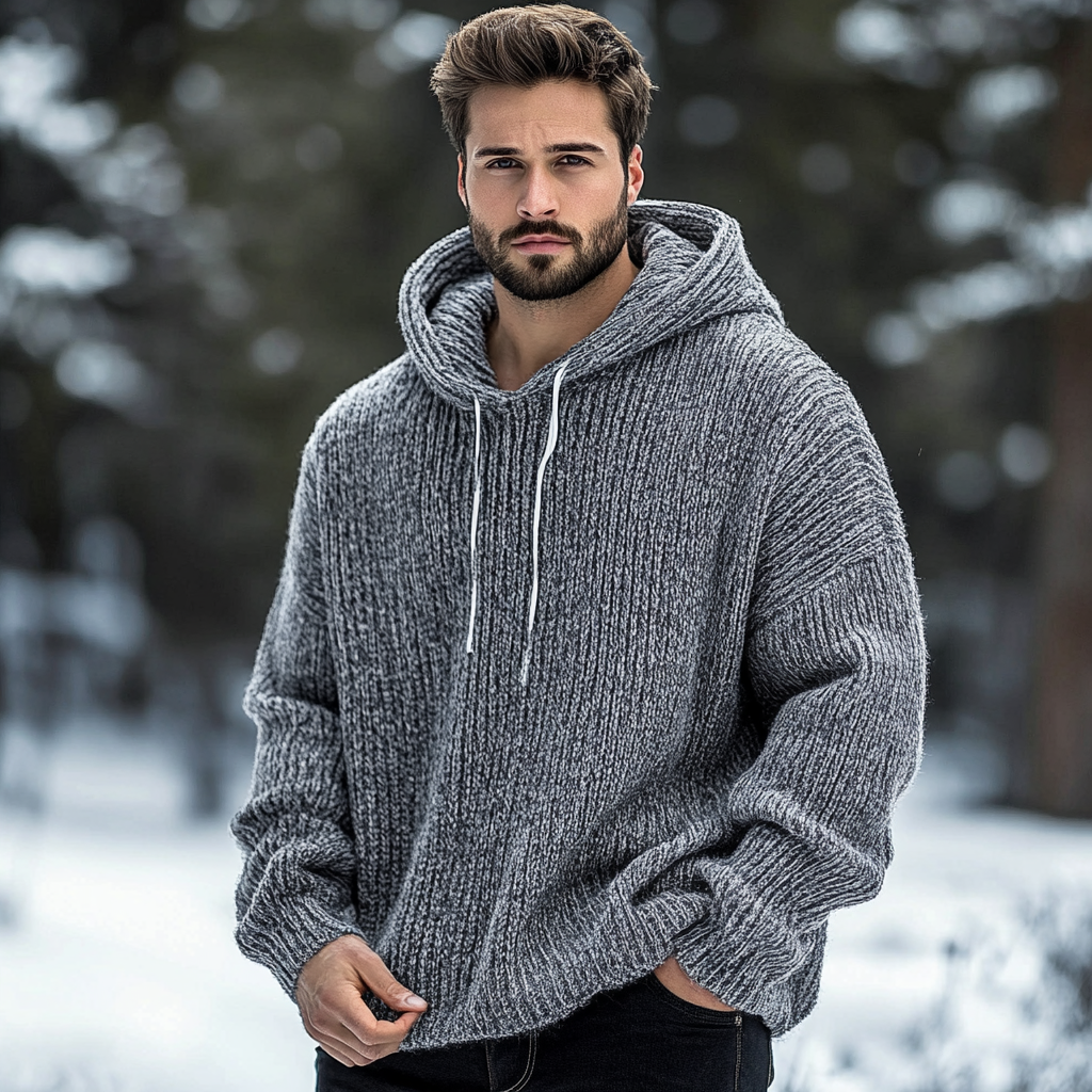 Men'S Vintage  Chunky Knit Jacquard Cozy Hooded Sweater elevenforest