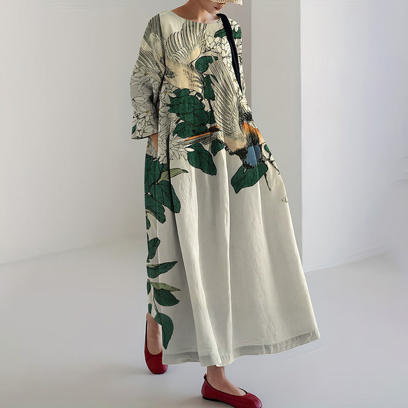 Comstylish Women's Japanese Floral And Bird Art Print Midi Dress