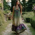 Vintage Purple Flowers Embroidered Gradient Linen Maxi Dress elevenforest