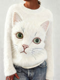 Comstylish Lovely White Cat Face Embroidered Cozy Knit Sweater