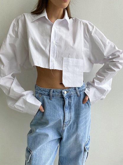 Long Sleeves Loose Asymmetric Buttoned Pockets Color Split-joint Lapel Blouses&shirts Tops