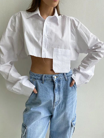 Long Sleeves Loose Asymmetric Buttoned Pockets Color Split-joint Lapel Blouses&shirts Tops