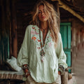 Women's Vacation Boho Floral And Butterfly Print Linen Blend Tops elevenforest