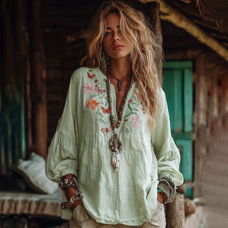 Women's Vacation Boho Floral And Butterfly Print Linen Blend Tops elevenforest