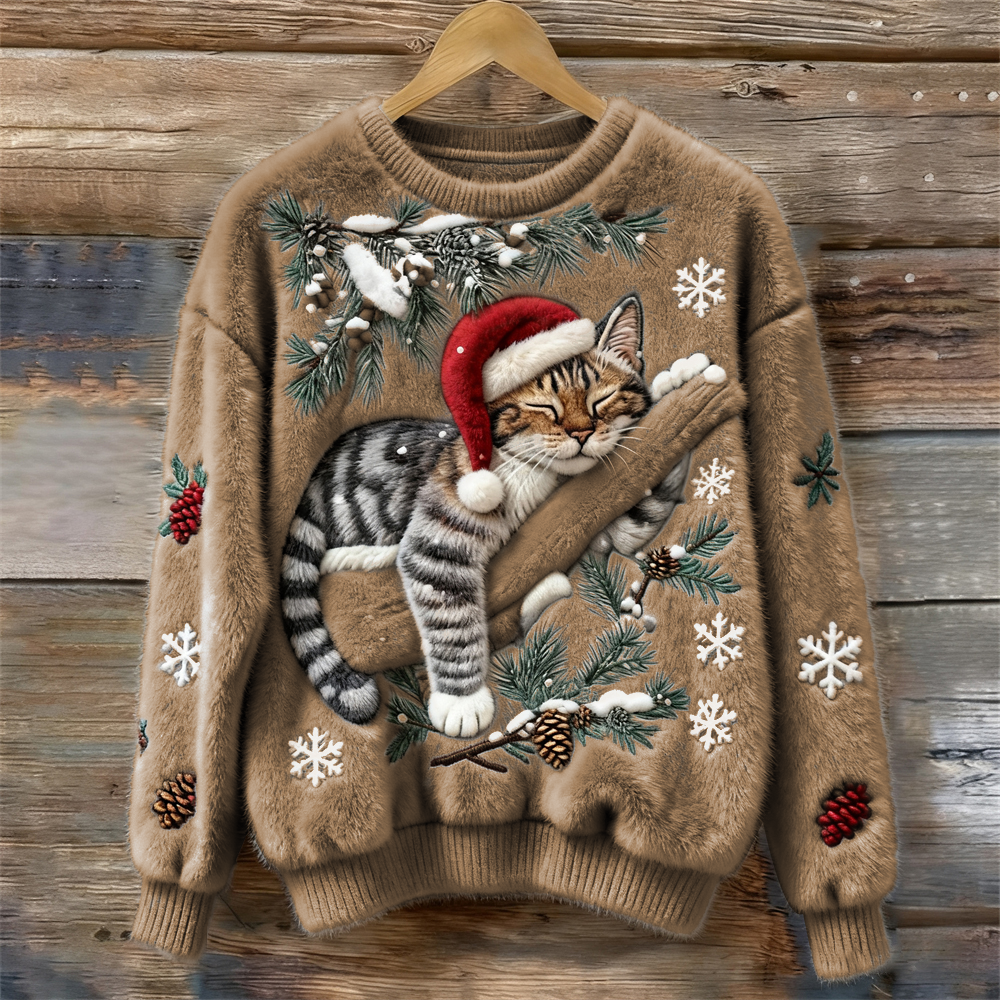 Christmas Lazy Cat Art Women's Cozy Plush Sweater artswardrobe