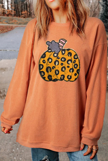 Leopard Pumpkin Ribbed Sweatshirt