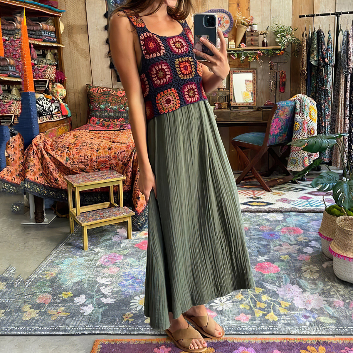 Holiday Style Crochet Patchwork Solid Color Print Maxi Dress elevenforest