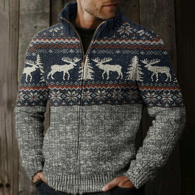 Men's Retro Tribal Reindeer Merry Christmas Deer Pattern Zipper Sweater elevenforest