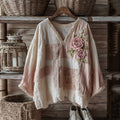 Cozy Rose Embroidery Pink Patchwork Art Linen Long Sleeve Shirt elevenforest