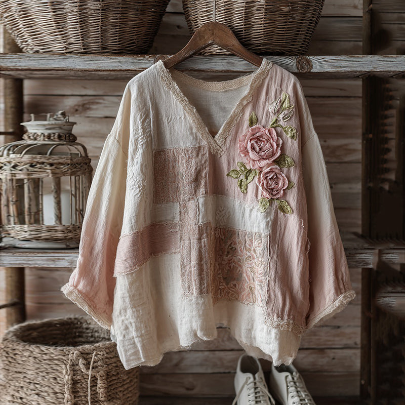 Cozy Rose Embroidery Pink Patchwork Art Linen Long Sleeve Shirt elevenforest